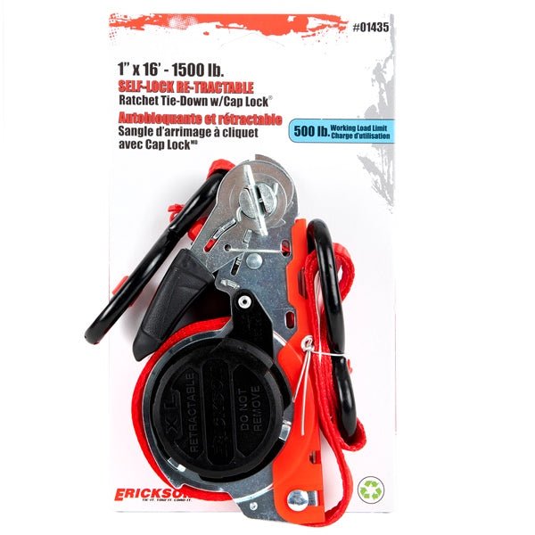 ERICKSON 1X16 1500LB SELF LOCK RETRACTABLE RATCHET STRAP LOCK HOOK - DRIVEN Canada's Powersports 01435