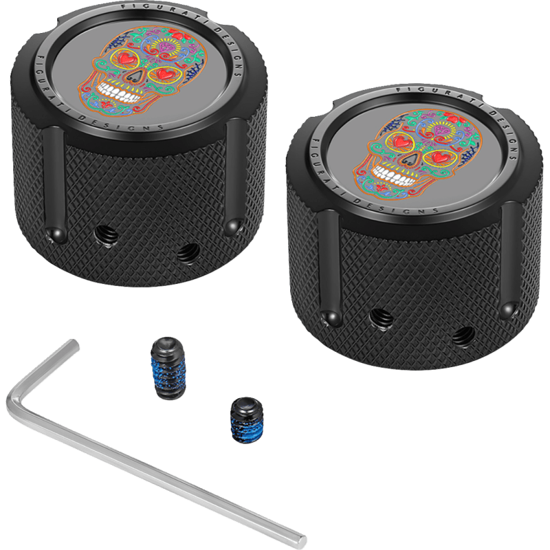 FIGURATI DESIGNS FRONT AXLE NUT COVERS WITH SUGAR SKULLS - DRIVEN Canada's Powersports FD30 - FAC - BLK
