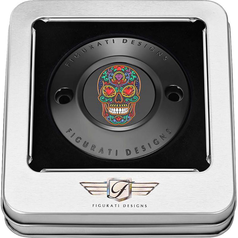 FIGURATI DESIGNS TIMING COVER WITH SUGAR SKULL - FIRE, 2 - HOLE - DRIVEN Canada's Powersports FD30 - TC - 2H - BLK