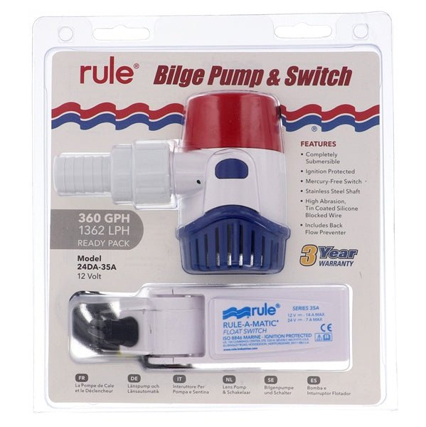 JABSCORULE 360 GPH STANDARD BILGE PUMP KIT WITH FLOAT SWITCH (24DA - 35A) - DRIVEN Canada's Powersports 04223710652024DA - 35A