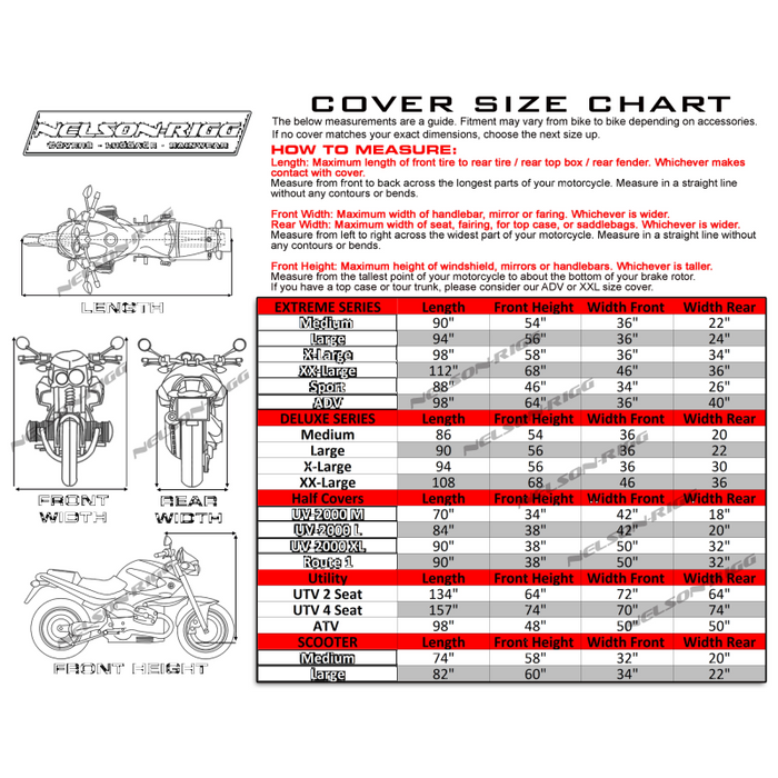 NELSON-RIGG COVER DELUXE BLK/SVR Size Chart - Driven Powersports