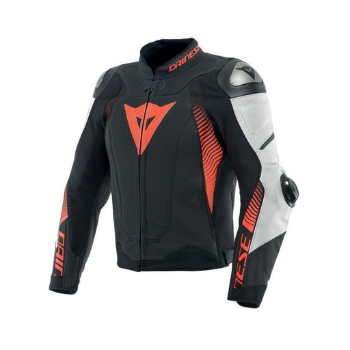 DAINESE SUPER SPEED 4 LEATHER JACKET PERF. - MATTE BLACK/WHITE/FLUO RED (62) - Driven Powersports Inc.80510194170461533871-23A-44