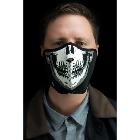 ZAN HEADGEAR NEOPRENE 1/2FACE MASK GLOW SKULL FACE Application Shot - Driven Powersports