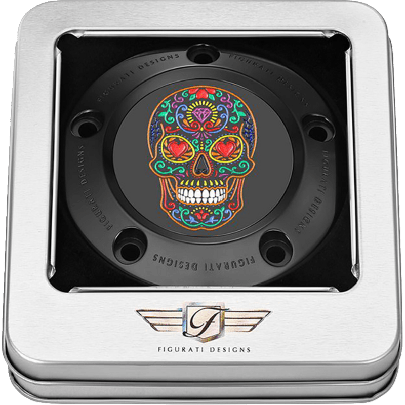 FIGURATI DESIGNS TIMING COVER WITH SUGAR SKULL - FIRE, 5 - HOLE - DRIVEN Canada's Powersports FD30 - TC - 5H - BLK