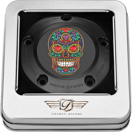 FIGURATI DESIGNS TIMING COVER WITH SUGAR SKULL - FIRE, 5 - HOLE - DRIVEN Canada's Powersports FD30 - TC - 5H - BLK