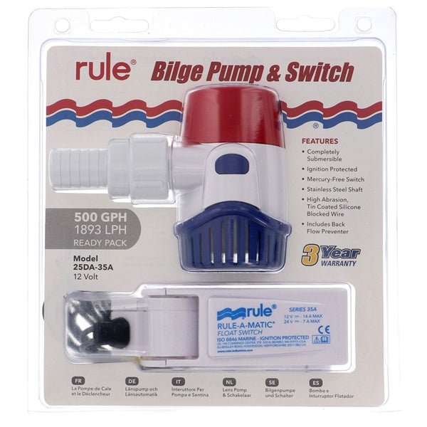 JABSCORULE 500 GPH STANDARD BILGE PUMP KIT WITH FLOAT SWITCH (25DA - 35A) - DRIVEN Canada's Powersports 04223710651325DA - 35A