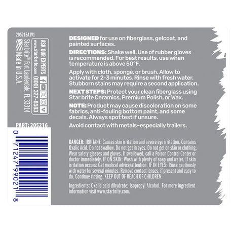 STARBRITE FIBERGLASS STAIN REMOVER 16OZ (205216C) - DRIVEN Canada's Powersports 071247989267205216C